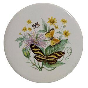 H & R Johnson Trivet Ceramic Butterflies Floral 6" Round Tile Coaster Gift